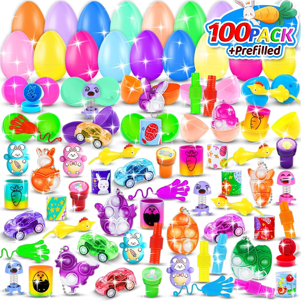 100Pack Prefilled Eggs with Toys Inside for Filling Specific Treats, Easter Theme Party Favor